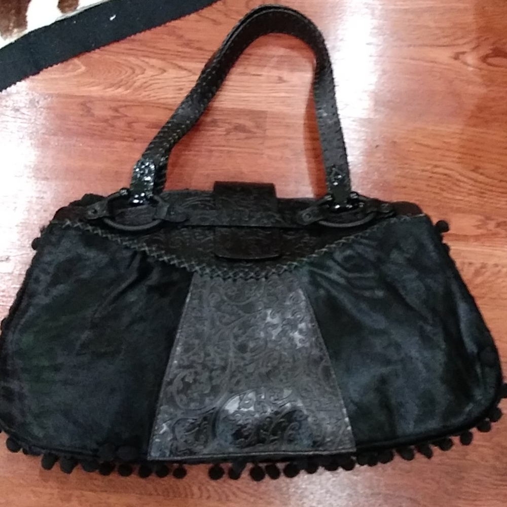 Gianfranco Ferre black calfhair etched runway bag